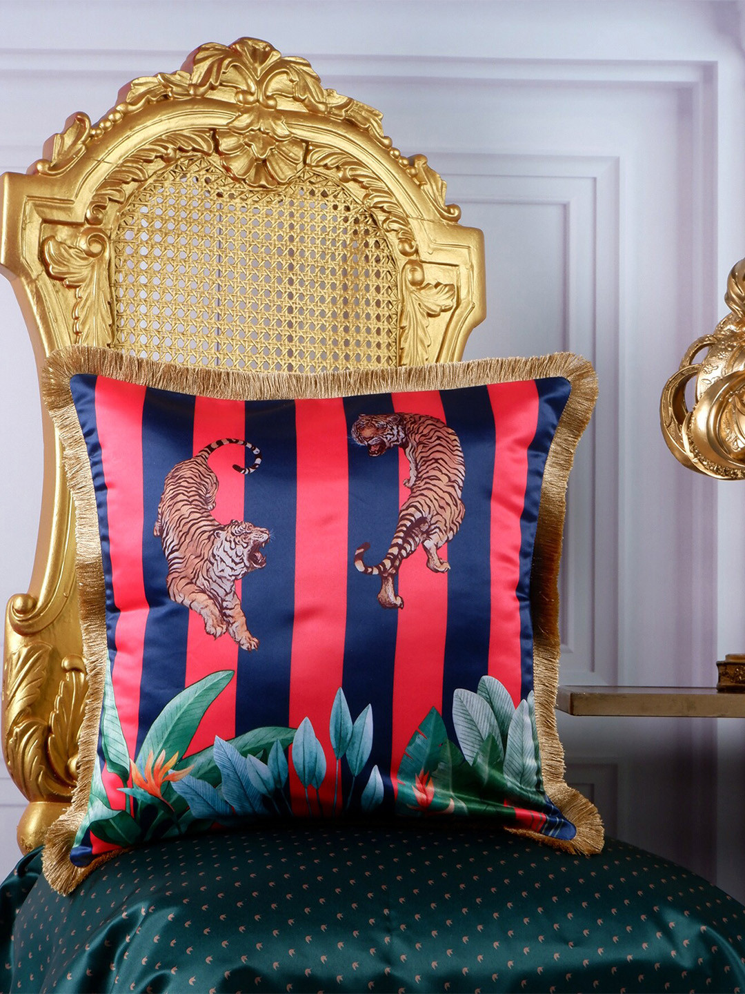 

THE WHITE INK DECOR Tropical Elegance Blue & Pink Ethnic Motifs Satin Square Cushion Cover