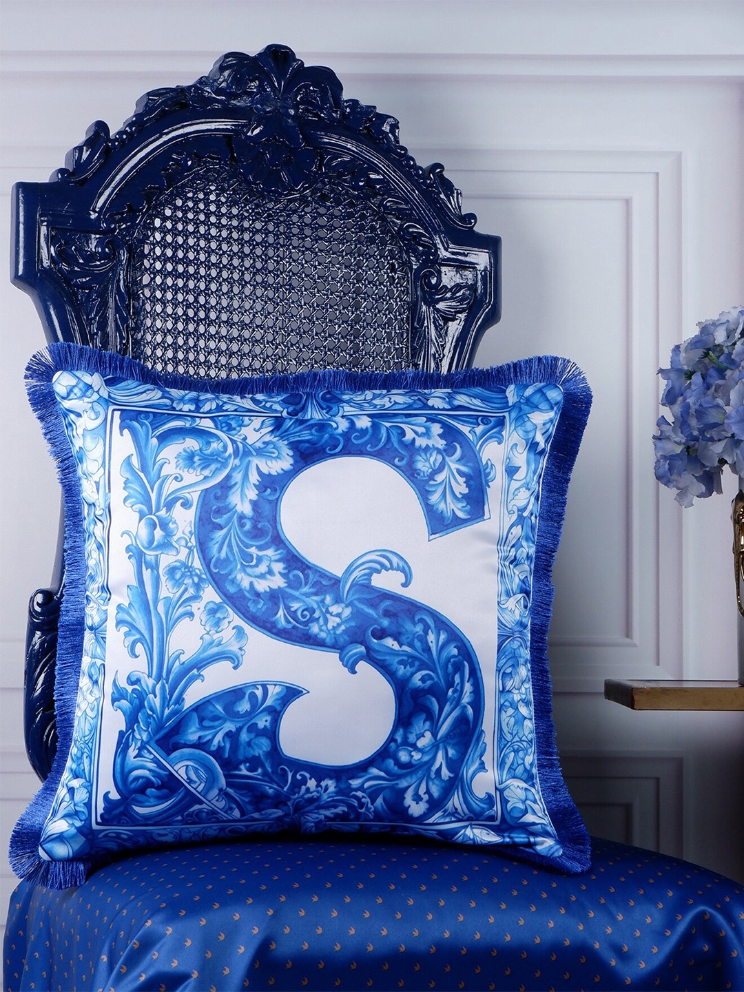 

THE WHITE INK DECOR Indigo Story Blue & White Floral Satin Square Cushion Cover