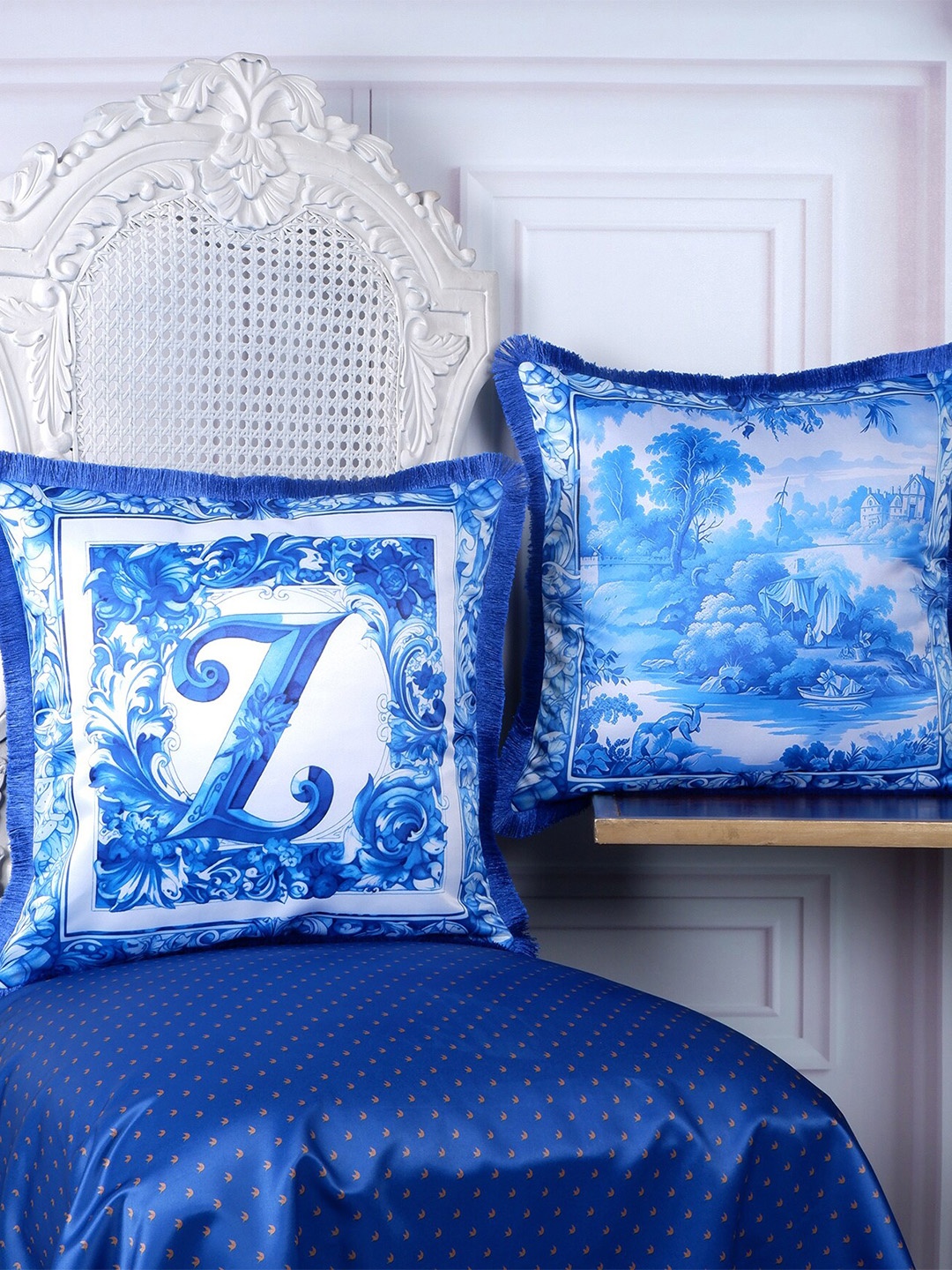 

THE WHITE INK DECOR Indigo Story Blue & White 2 Pieces Floral Satin Square Cushion Covers