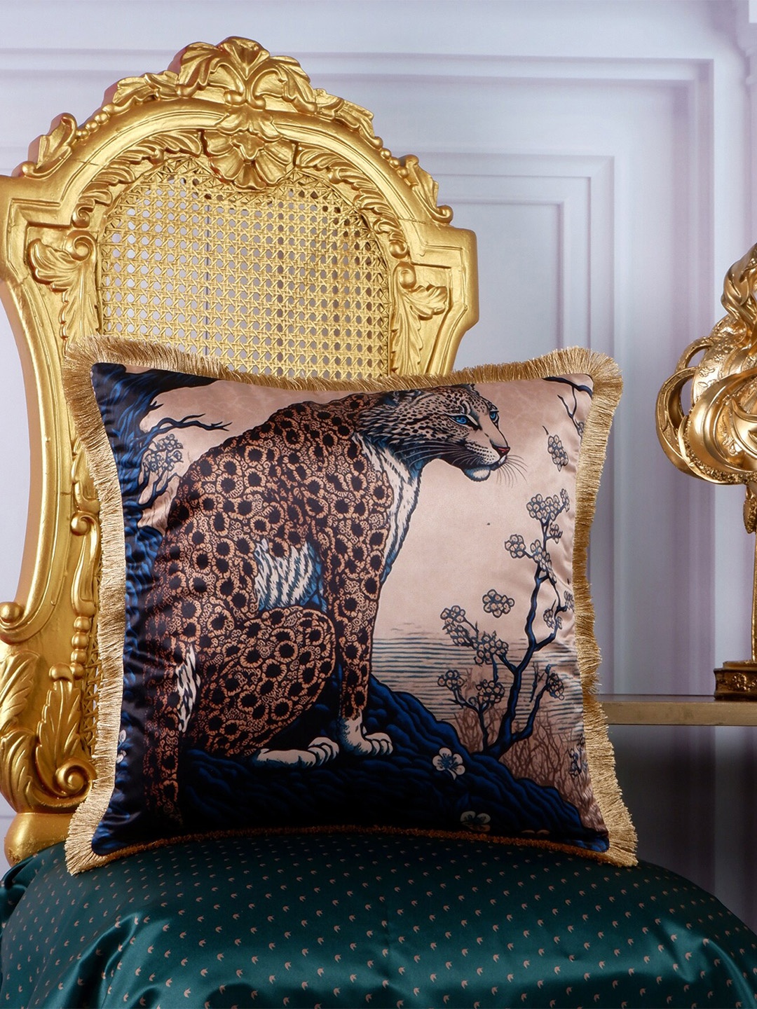 

THE WHITE INK DECOR Eden Brown & Navy Blue Quirky Satin Square Cushion Cover