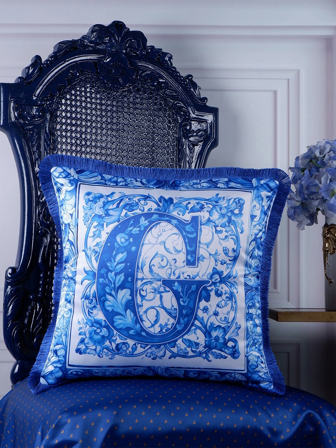 

THE WHITE INK DECOR Indigo Story Blue & White Floral Satin Square Cushion Cover