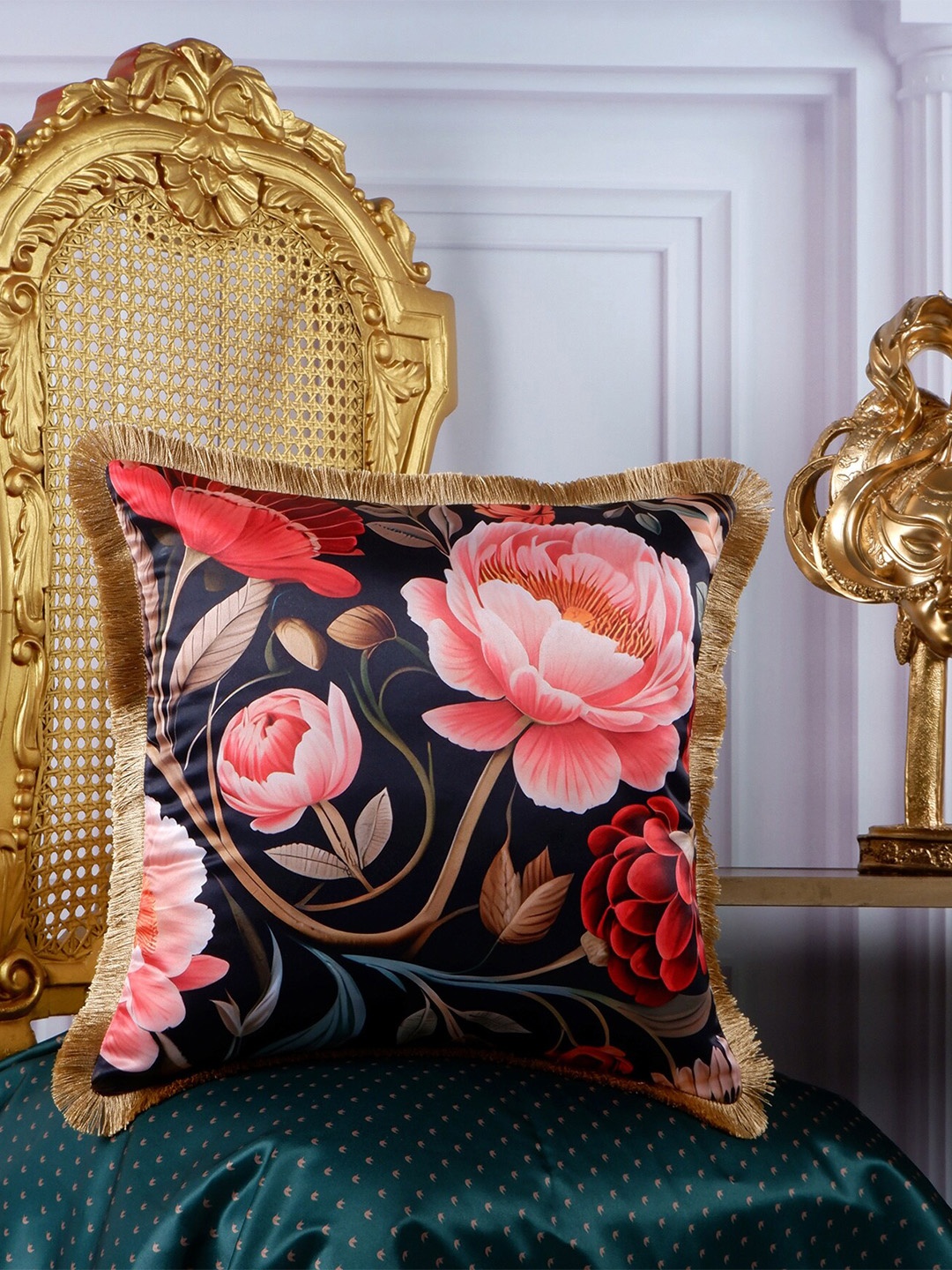 

THE WHITE INK DECOR Eden Pink & Navy Blue Floral Satin Square Cushion Cover