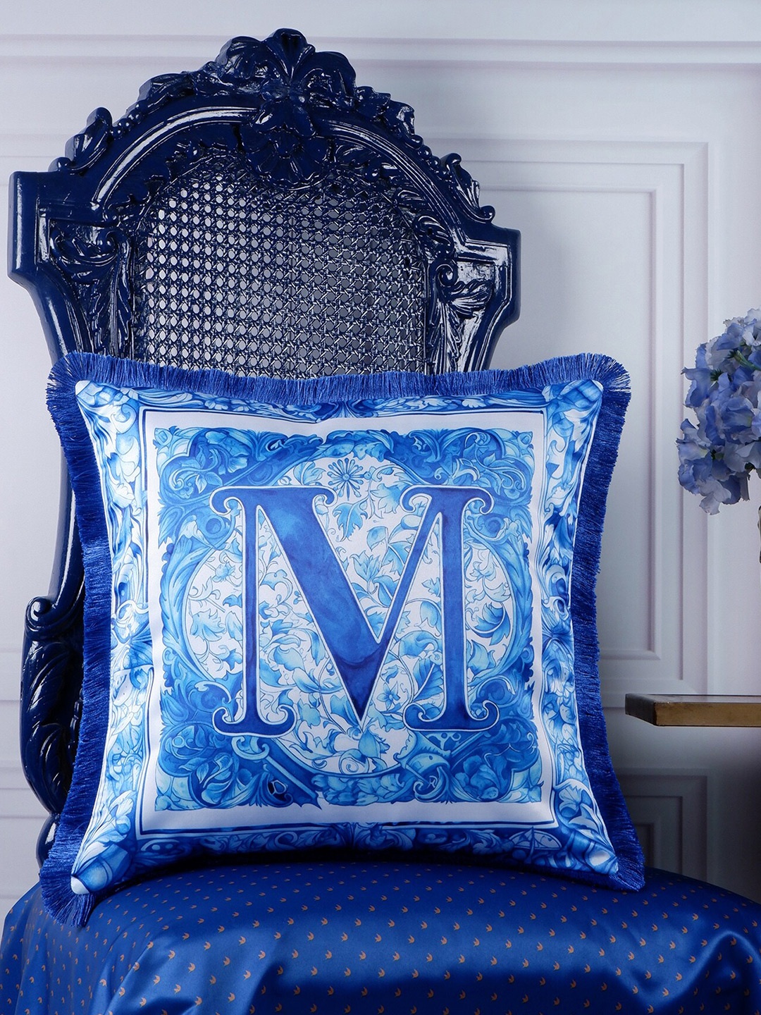 

THE WHITE INK DECOR Indigo Story Blue & White Floral Satin Square Cushion Cover