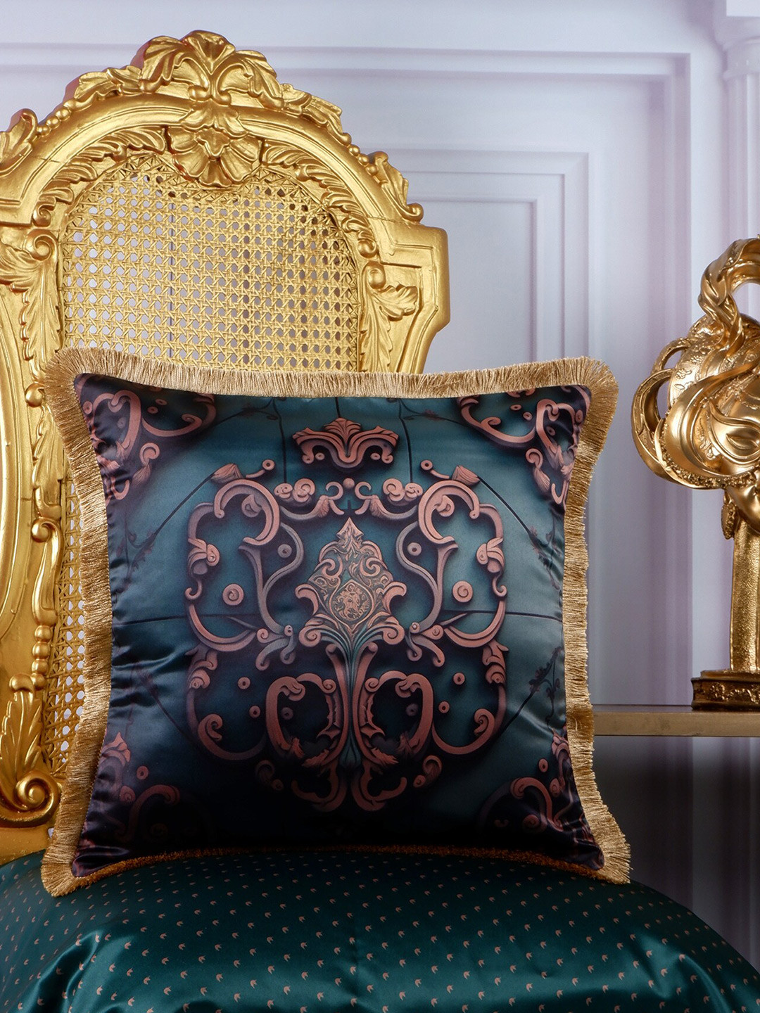 

THE WHITE INK DECOR Eden Brown & Green Ethnic Motifs Satin Square Cushion Cover