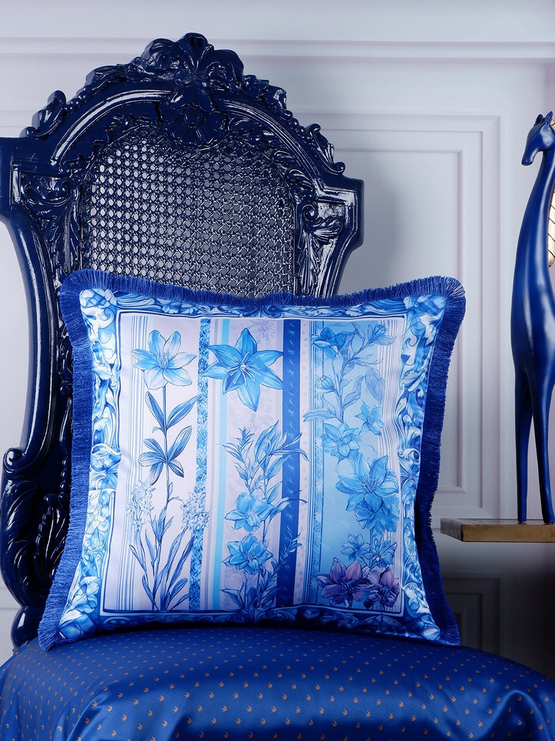 

THE WHITE INK DECOR Indigo Story Blue & White Floral Satin Square Cushion Cover