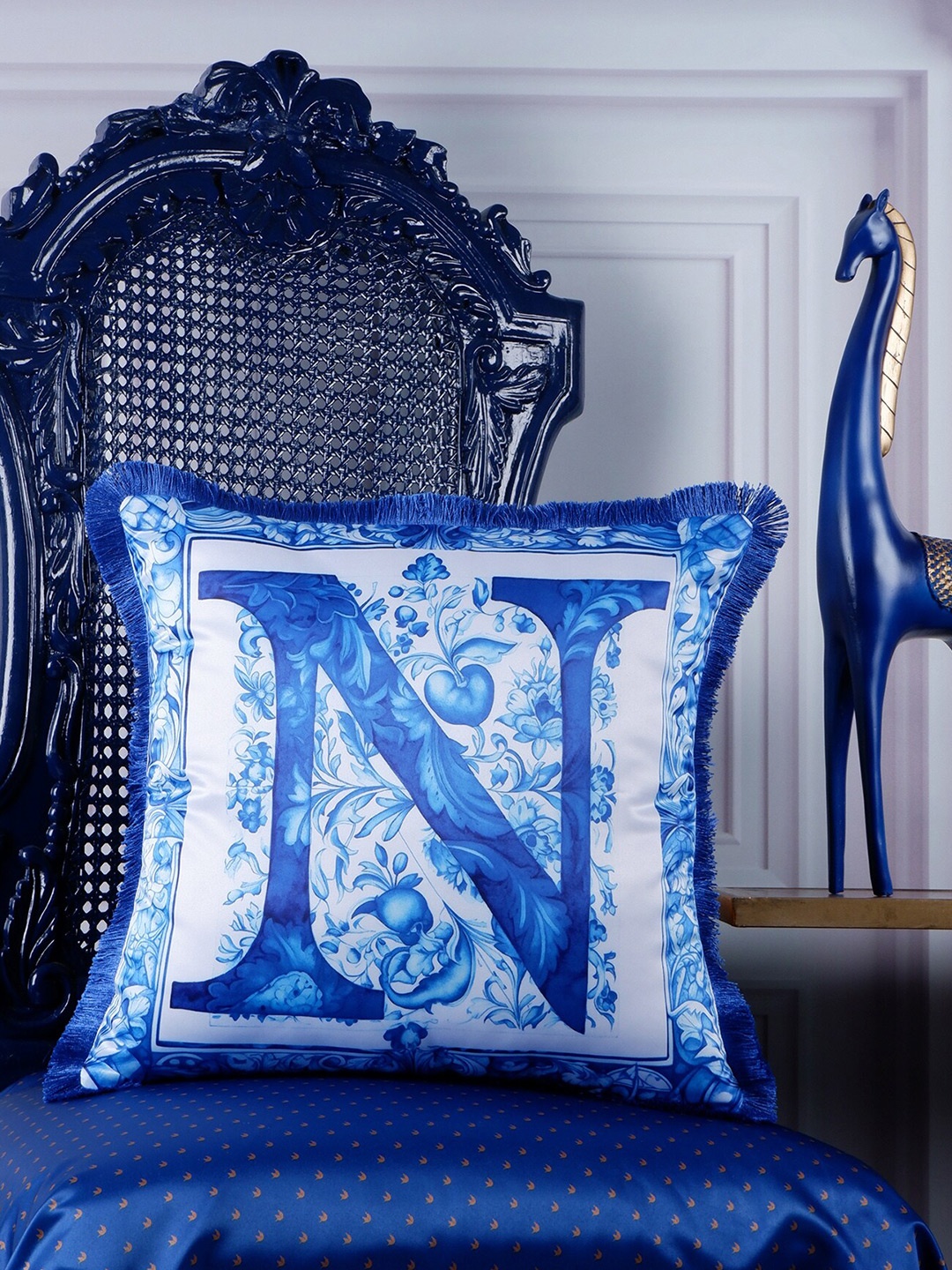 

THE WHITE INK DECOR Indigo Story Blue & White Floral Satin Square Cushion Cover
