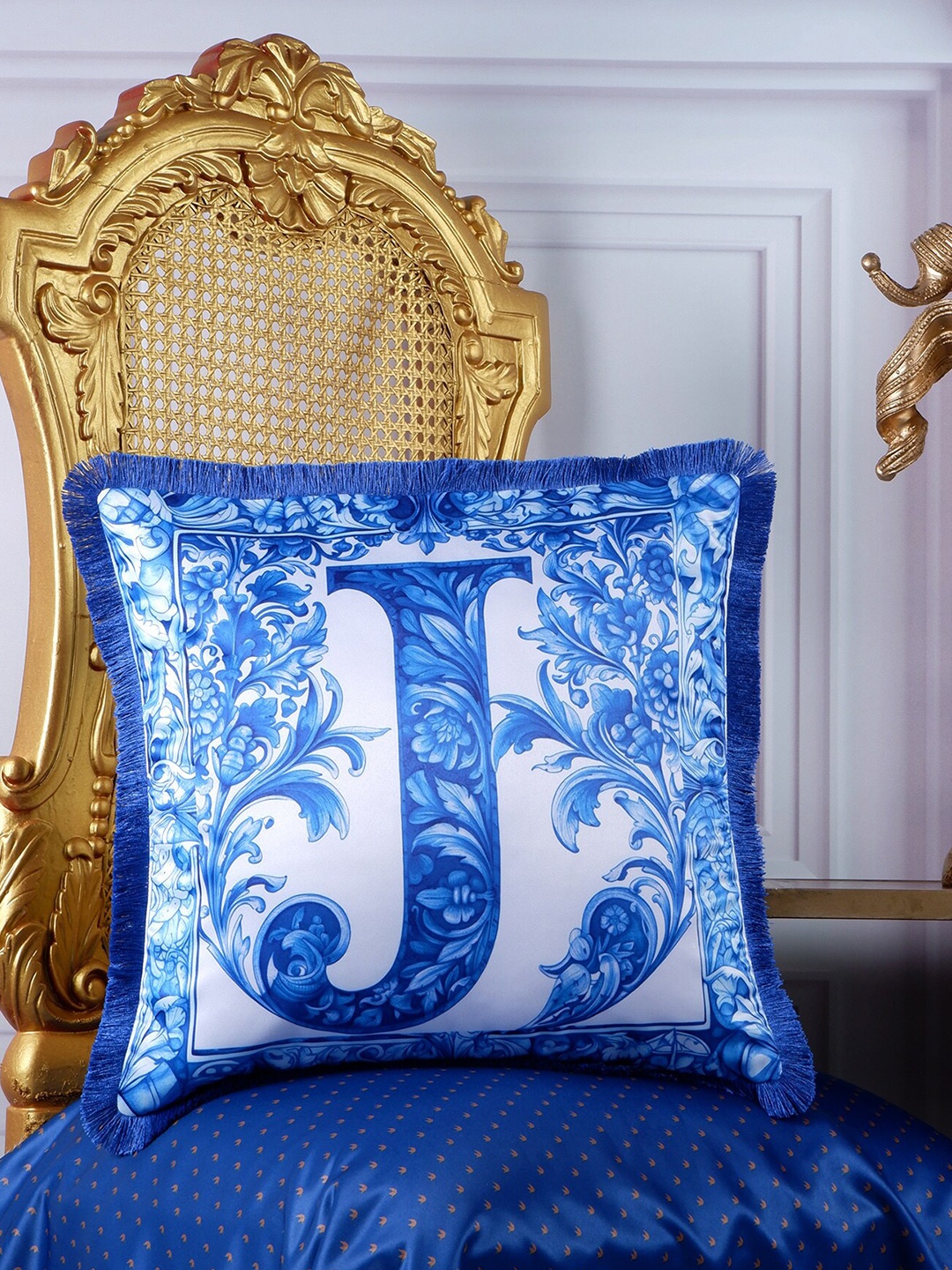 

THE WHITE INK DECOR Indigo Story Blue & White Floral Satin Square Cushion Cover