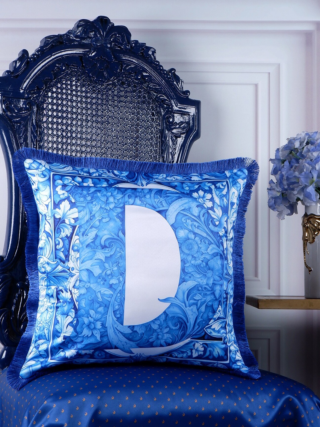 

THE WHITE INK DECOR Indigo Story Blue & White Floral Satin Square Cushion Cover