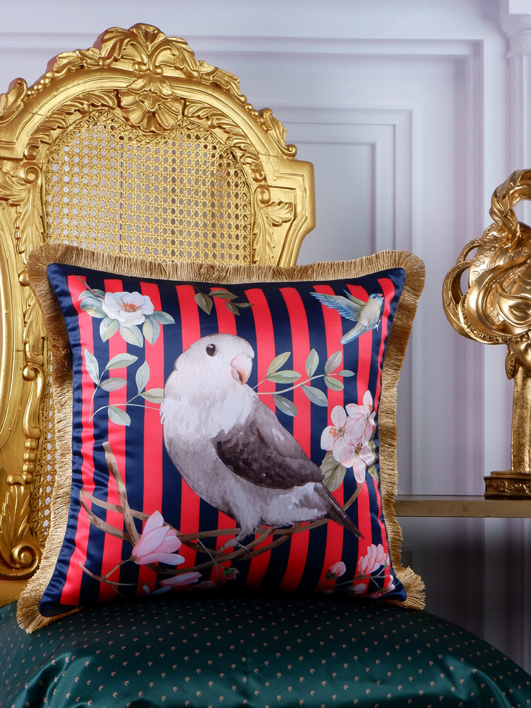 

THE WHITE INK DECOR Green & Pink Tropical Print Fringe Edging Satin Square Cushion Cover