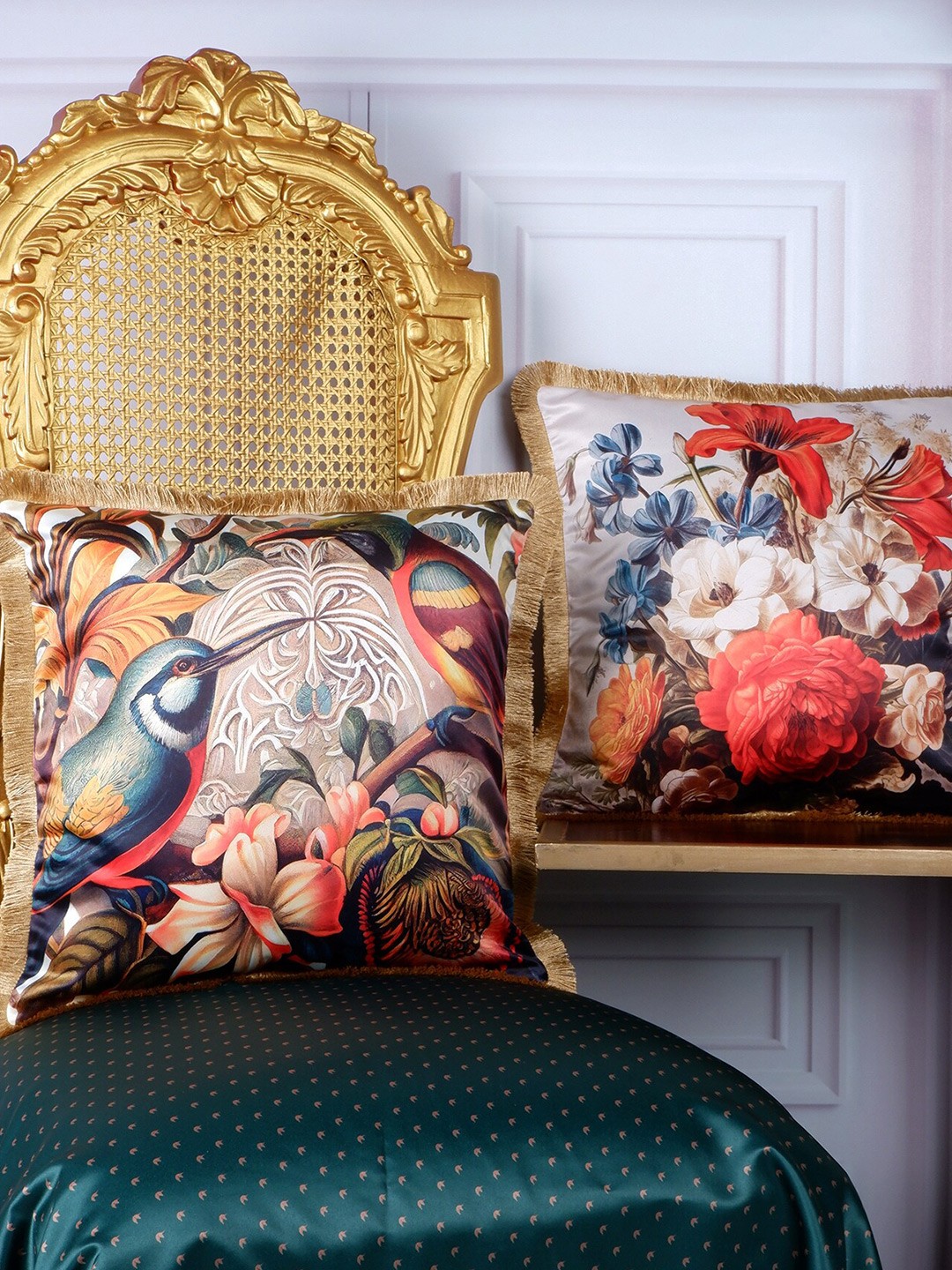 

THE WHITE INK DECOR Green & Orange 2 Pieces Floral Satin Square Cushion Covers