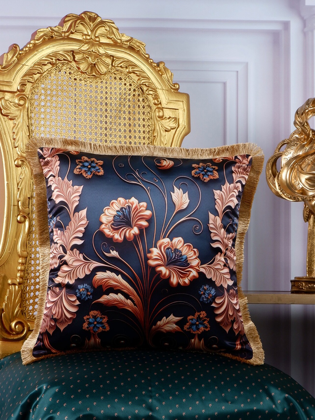 

THE WHITE INK DECOR Eden Peach & Blue Floral Satin Square Cushion Cover