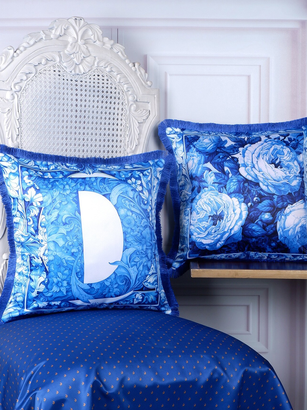 

THE WHITE INK DECOR Blue & White 2 Pieces Floral Satin Square Cushion Covers