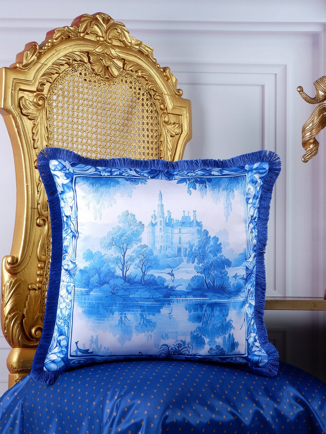 

THE WHITE INK DECOR Blue & White Floral Satin Square Cushion Cover