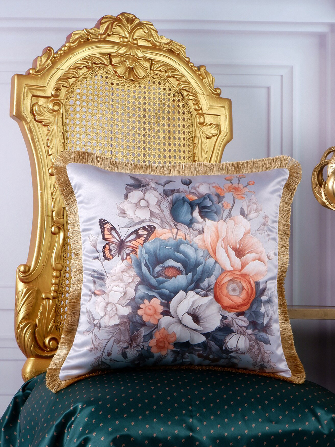 

THE WHITE INK DECOR Eden Grey & Orange Floral Satin Fringe Edging Square Cushion Cover