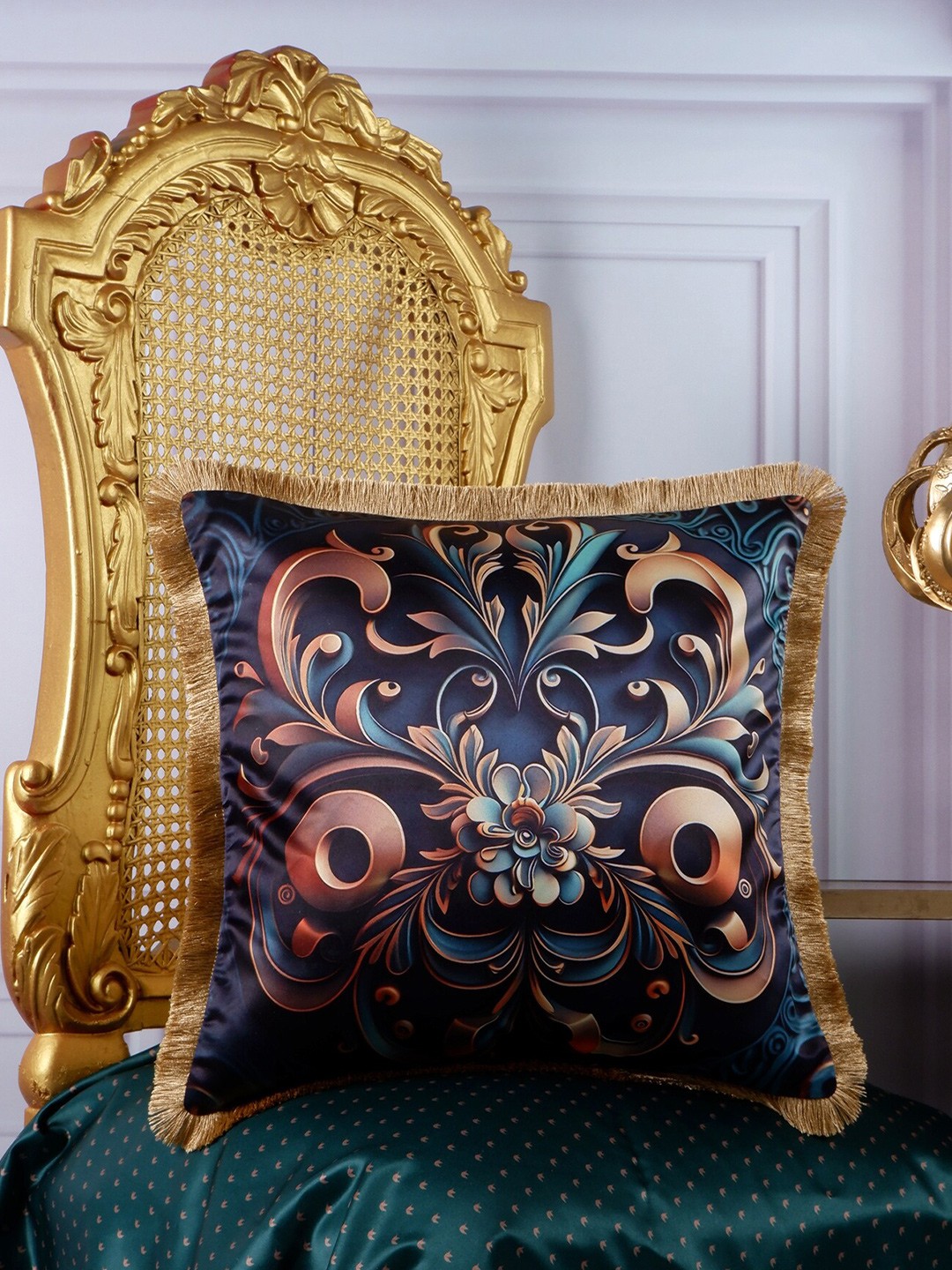 

THE WHITE INK DECOR Blue & Brown Ethnic Motifs Satin Fringe Edging Square Cushion Cover
