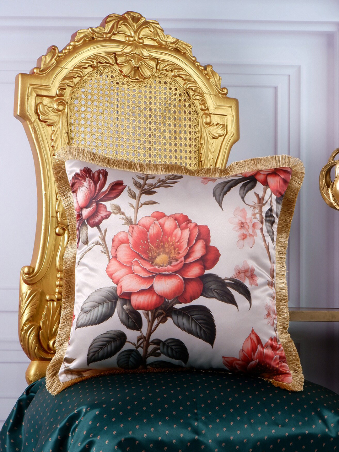 

THE WHITE INK DECOR Eden Grey Floral Satin Fringe Edging Square Cushion Cover