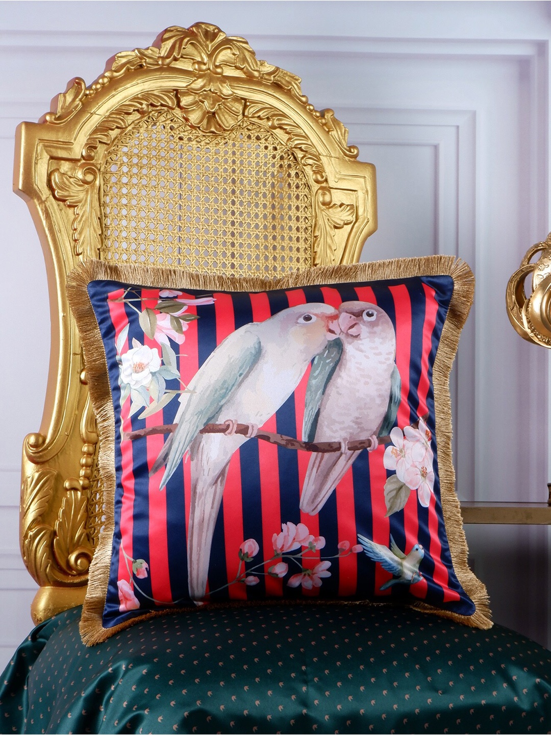 

THE WHITE INK DECOR Pink & Blue Ethnic Motifs Satin Square Cushion Cover