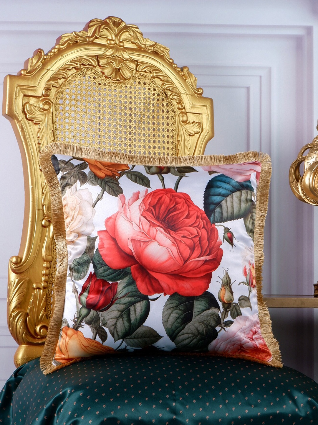 

THE WHITE INK DECOR White & Pink Floral Satin Square Cushion Cover