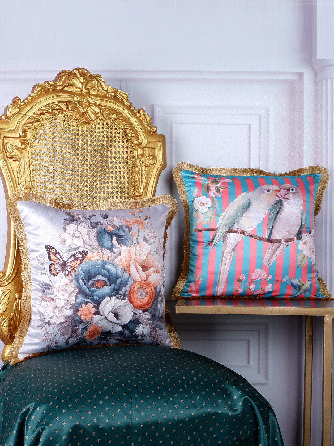 

THE WHITE INK DECOR Grey & Pink 2 Pieces Floral Satin Square Cushion Covers