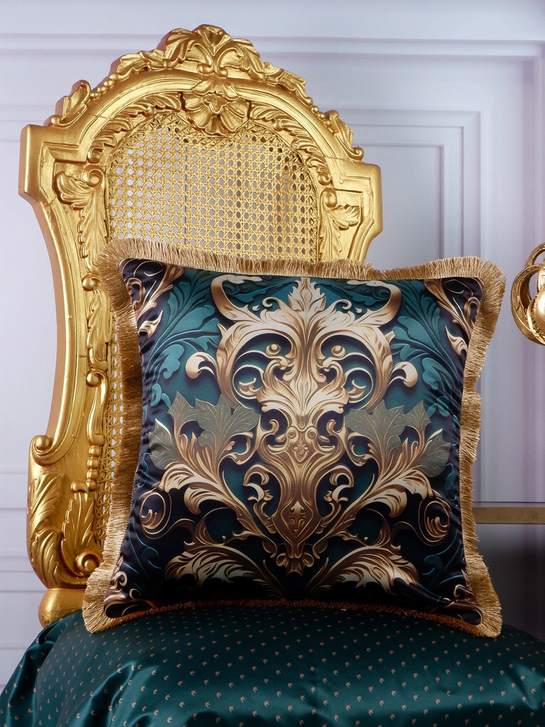 

THE WHITE INK DECOR Teal & Beige Floral Satin Square Cushion Cover