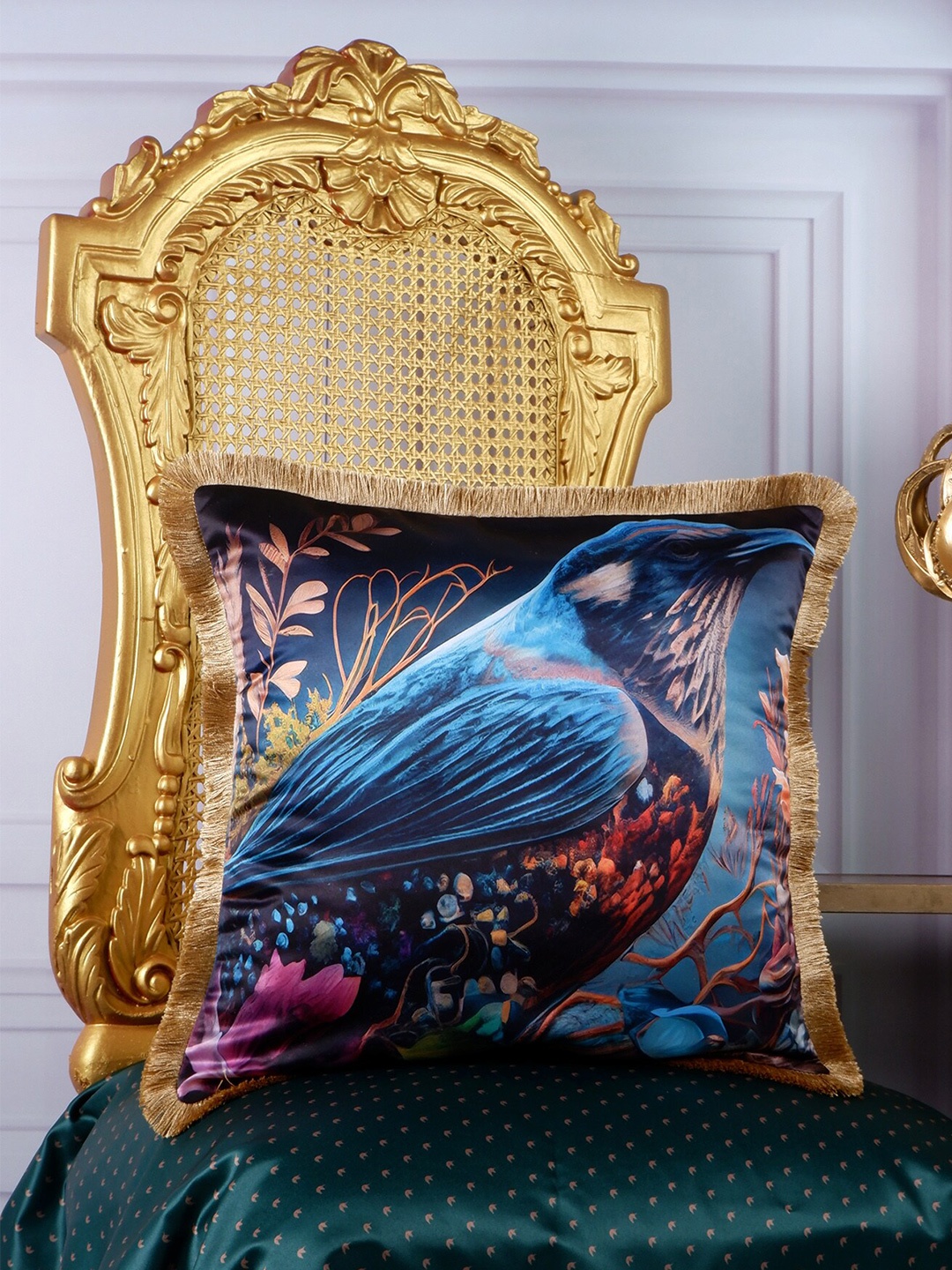 

THE WHITE INK DECOR Navy Blue & Brown Floral Satin Square Cushion Cover
