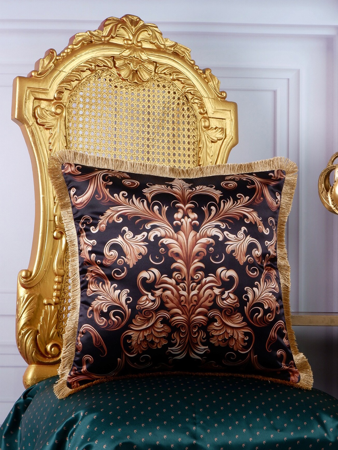 

THE WHITE INK DECOR Blue & Brown Ethnic Motifs Satin Square Cushion Cover