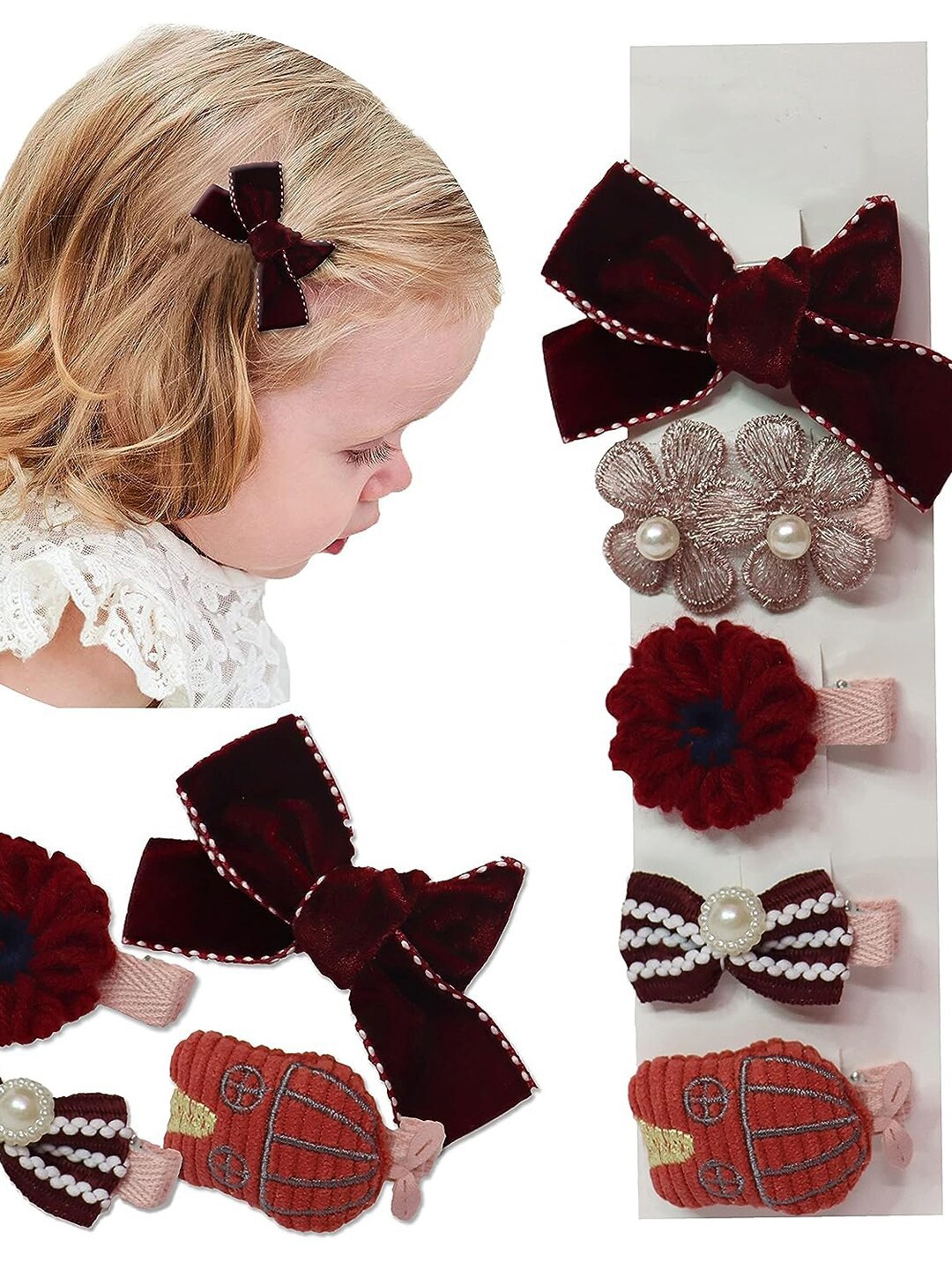 

VAGHBHATT Girls Set Of 5 Alligator Hair Clips, Red