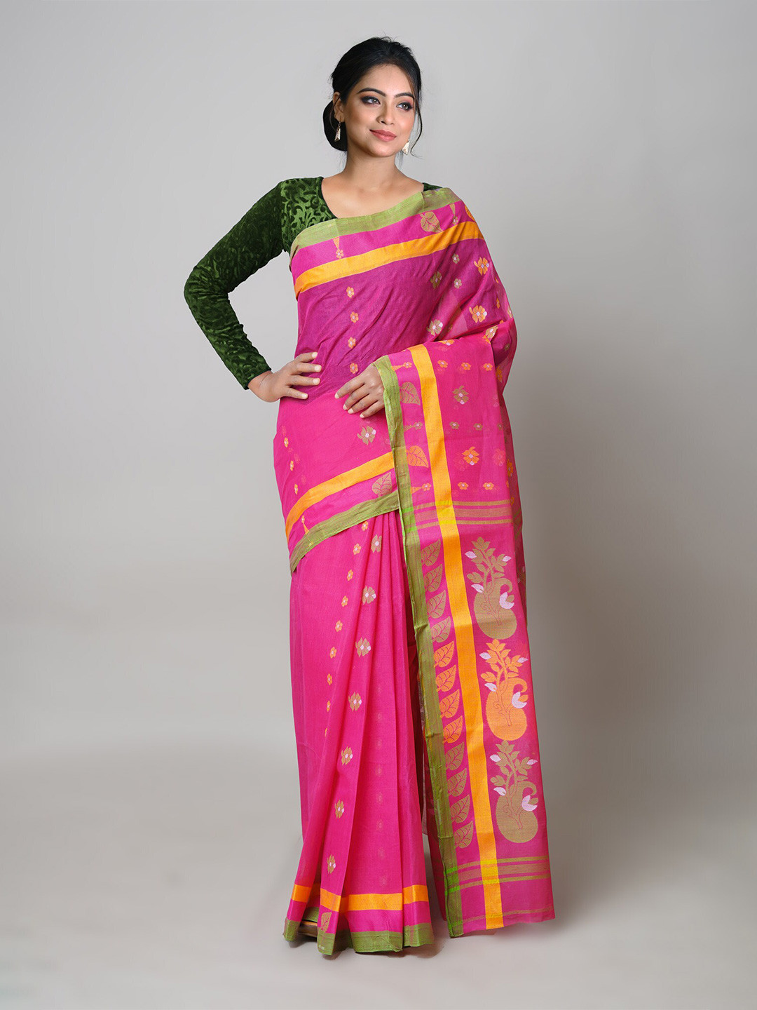 

Unnati Silks Woven Design Zari Pure Cotton Jamdani Saree, Pink