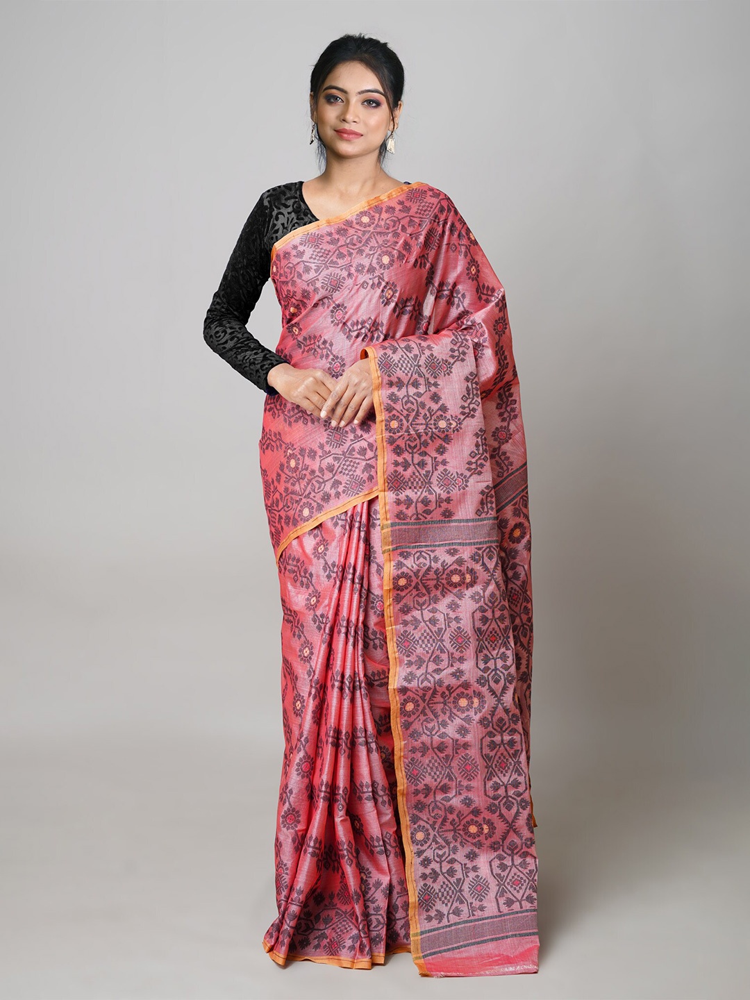 

Unnati Silks Woven Design Zari Pure Cotton Jamdani Saree, Peach