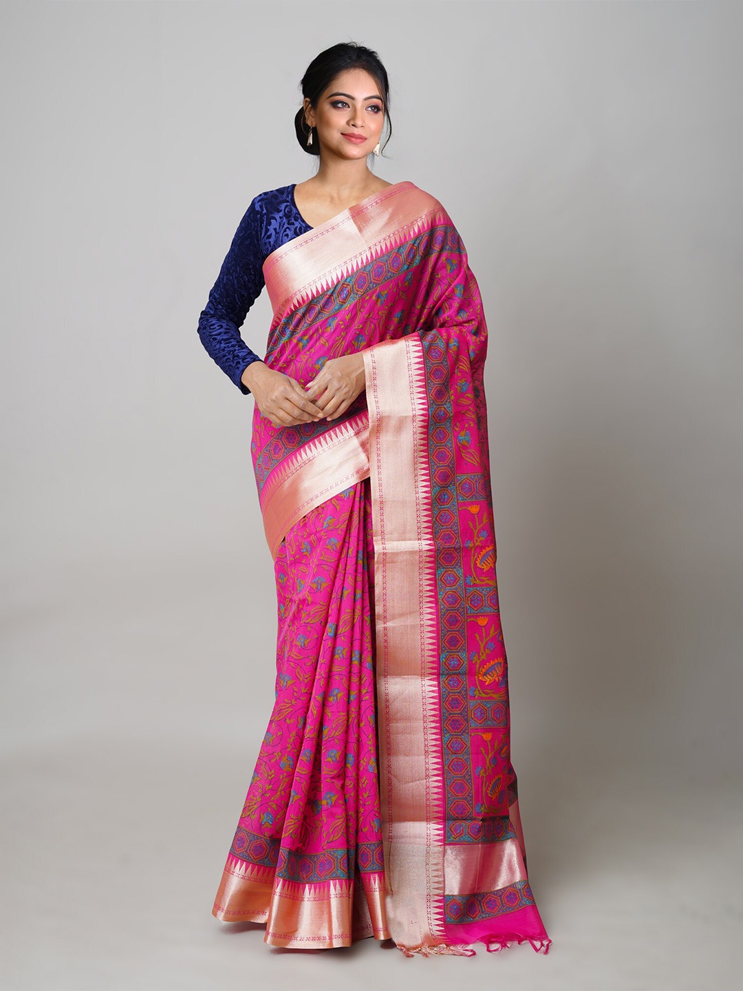 

Unnati Silks Ethnic Motifs Zari Silk Cotton Chanderi Saree, Pink