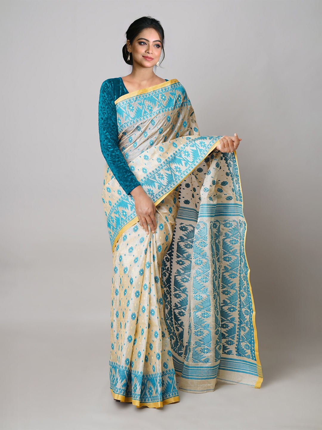 

Unnati Silks Woven Design Zari Pure Cotton Jamdani Saree, Cream