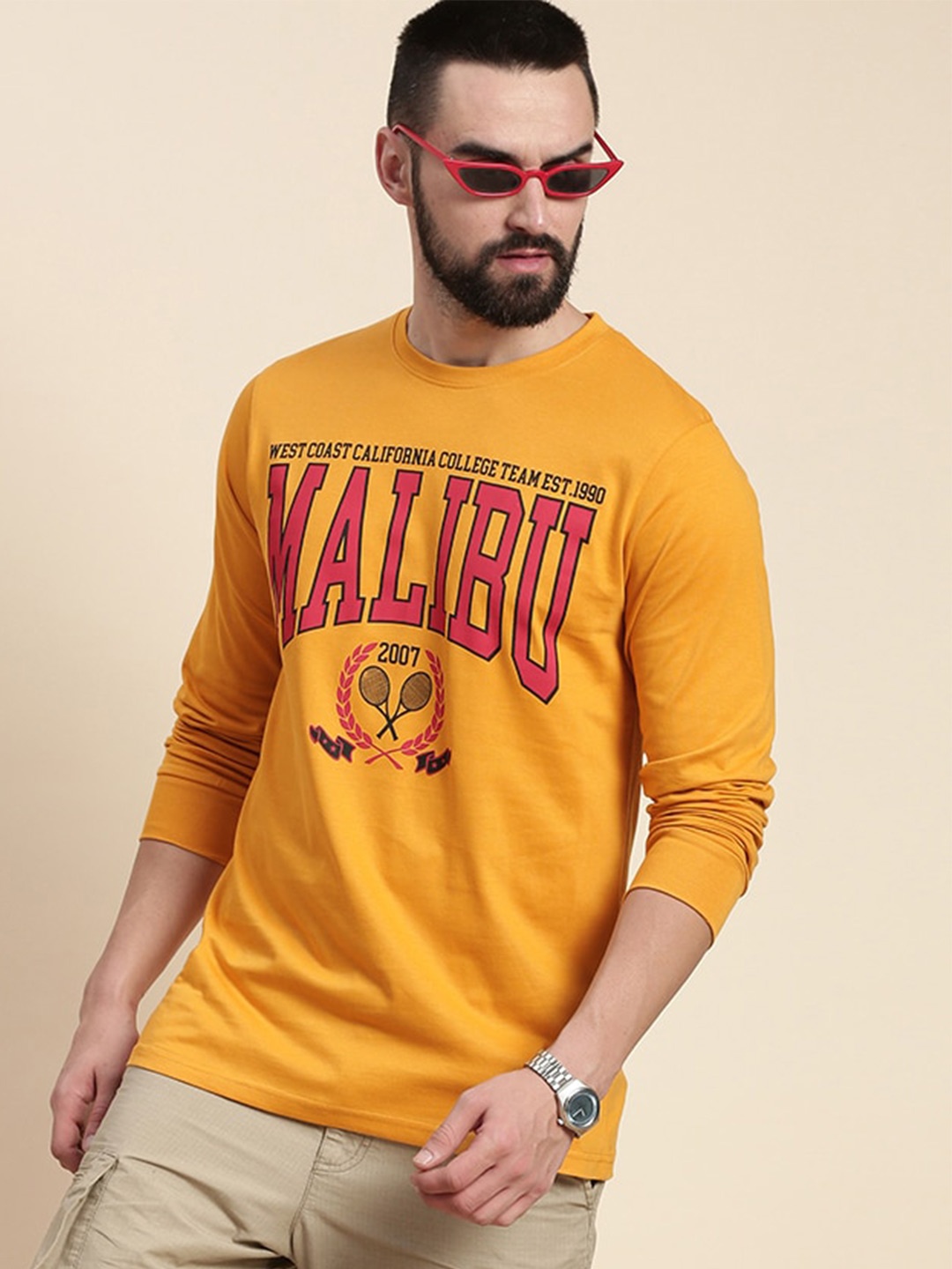 

DILLINGER Typography Printed Round Neck Pure Cotton Regular T-shirt, Mustard