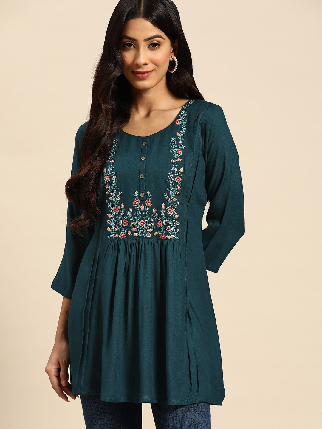 

KALINI Floral Embroidered A-Line Kurti, Blue