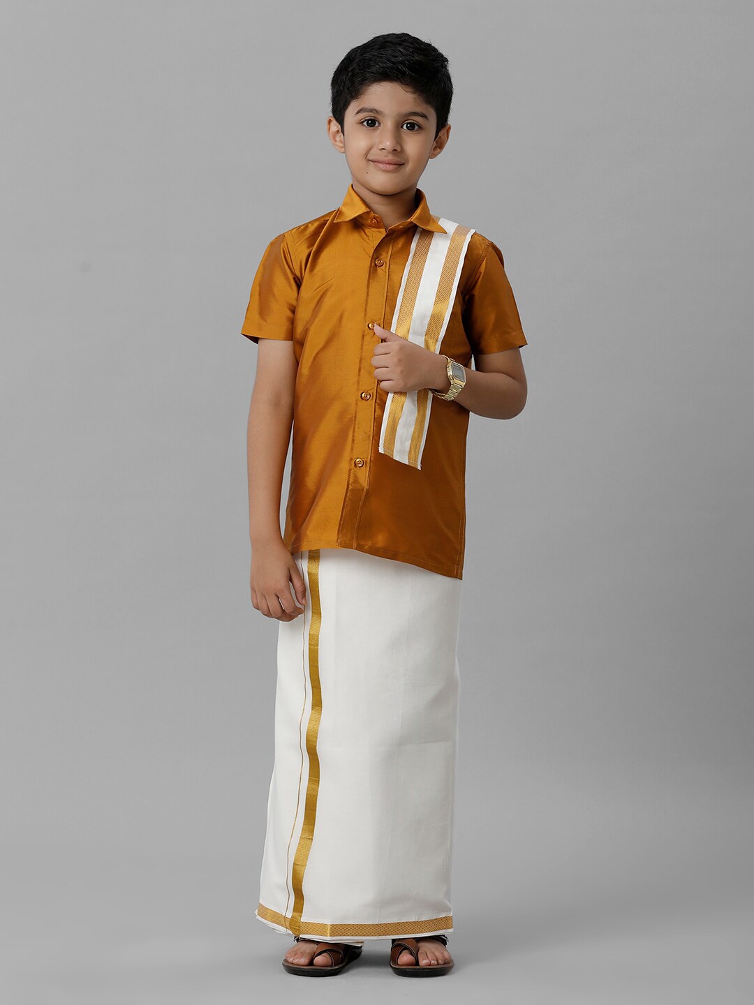 Ramraj Boys Silk Cotton Shirt With Adjustable Dhoti & Towel, Mustard