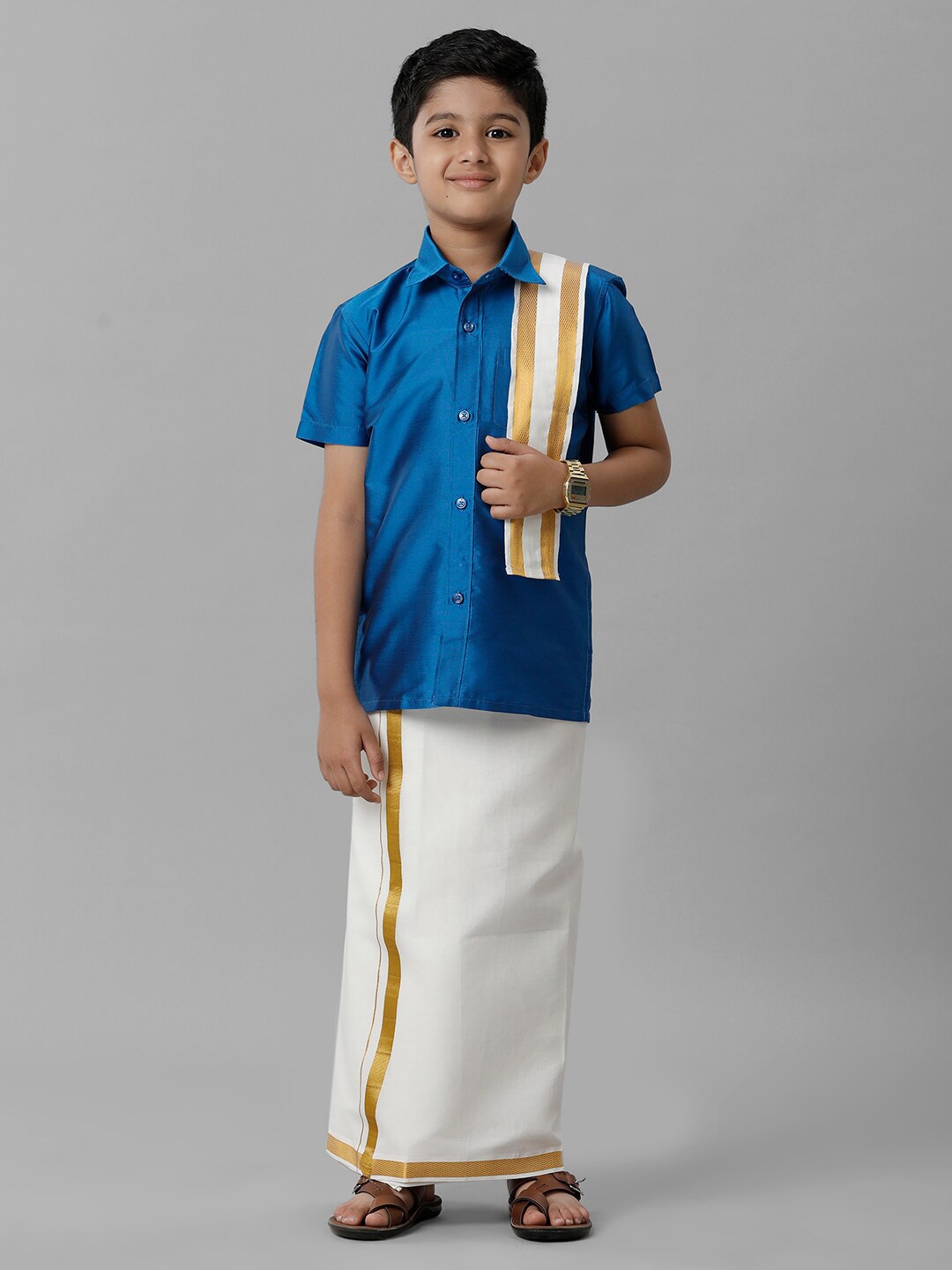 

Ramraj Boys Shirt and Veshti With Angavastram, Blue