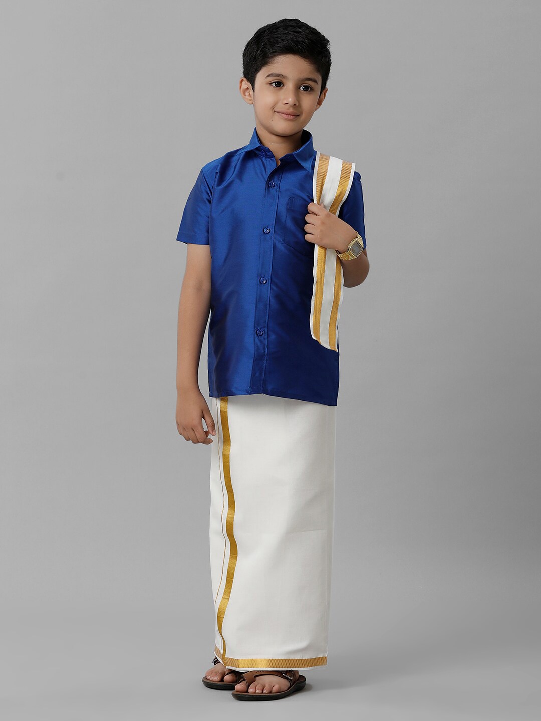 

Ramraj Boys Shirt and Veshti With Angavastram, Blue