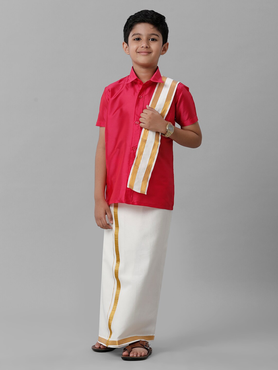 Ramraj Boys Shirt with Dhoti and Angavastram, Pink