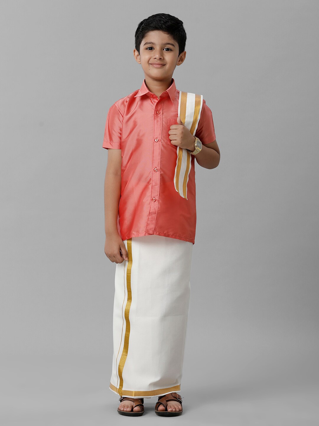 

Ramraj Boys Ethnic Shirt With Veshti & Angavastram, Pink