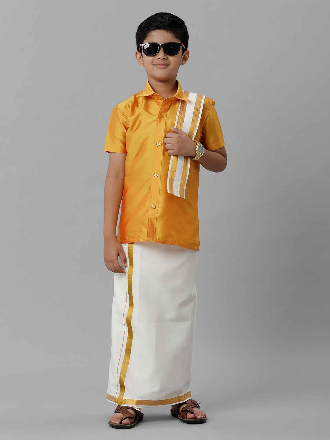 Ramraj Boys Shirt With Veshti & Angavastram, Yellow
