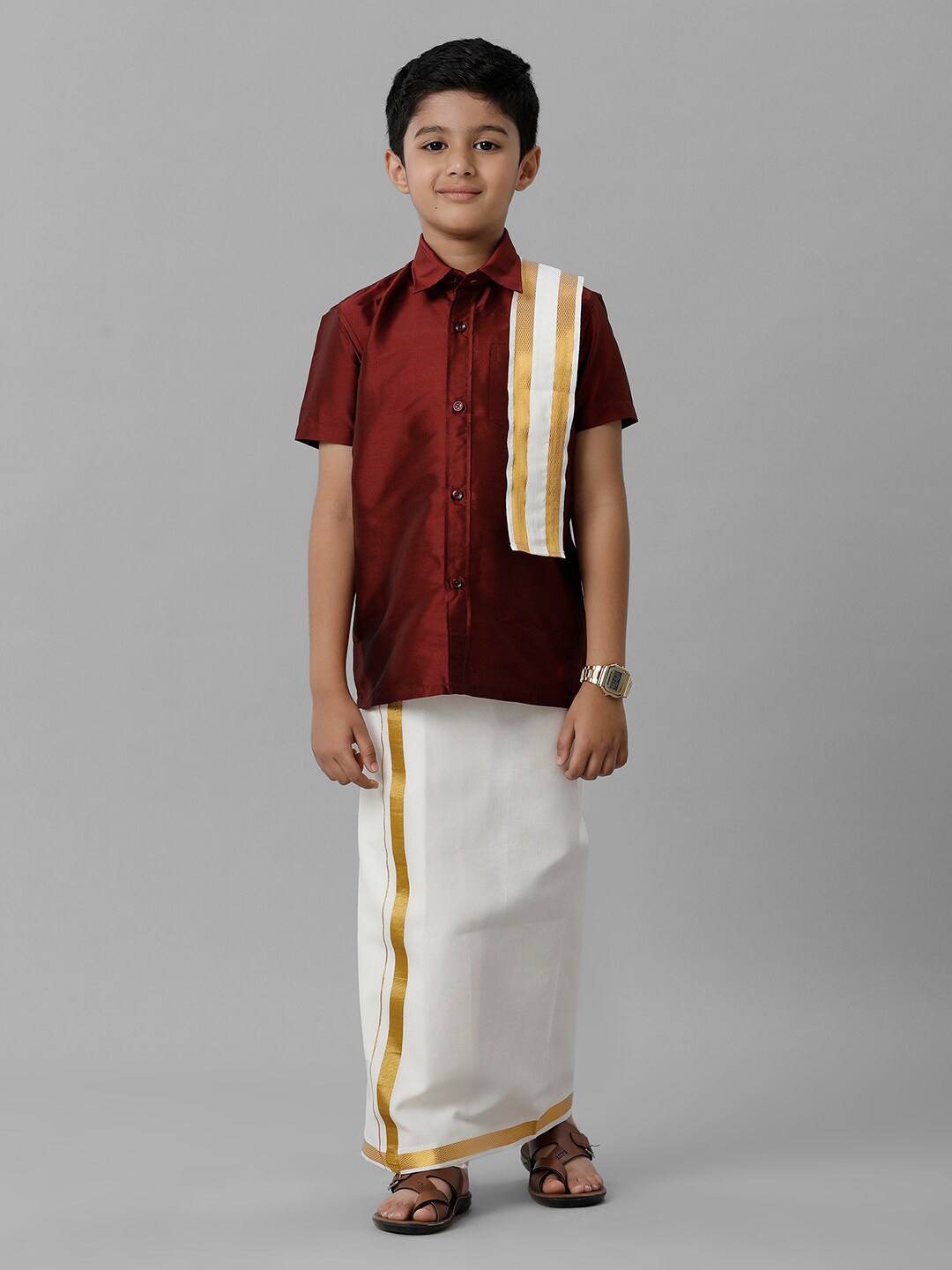 

Ramraj Boys Shirt With Veshti & Angavastram, Maroon