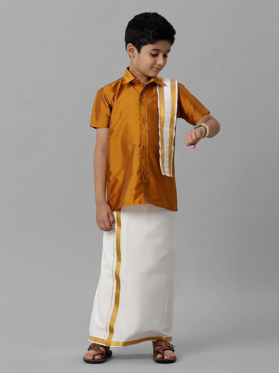 Ramraj Boys Shirt With Veshti & Angavastram, Mustard