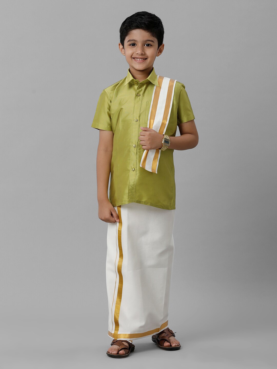 

Ramraj Boys Shirt With Veshti & Angavastram, Green