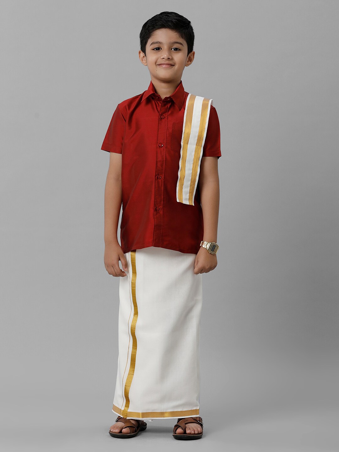 

Ramraj Boys Shirt With Veshti & Angavastram, Red