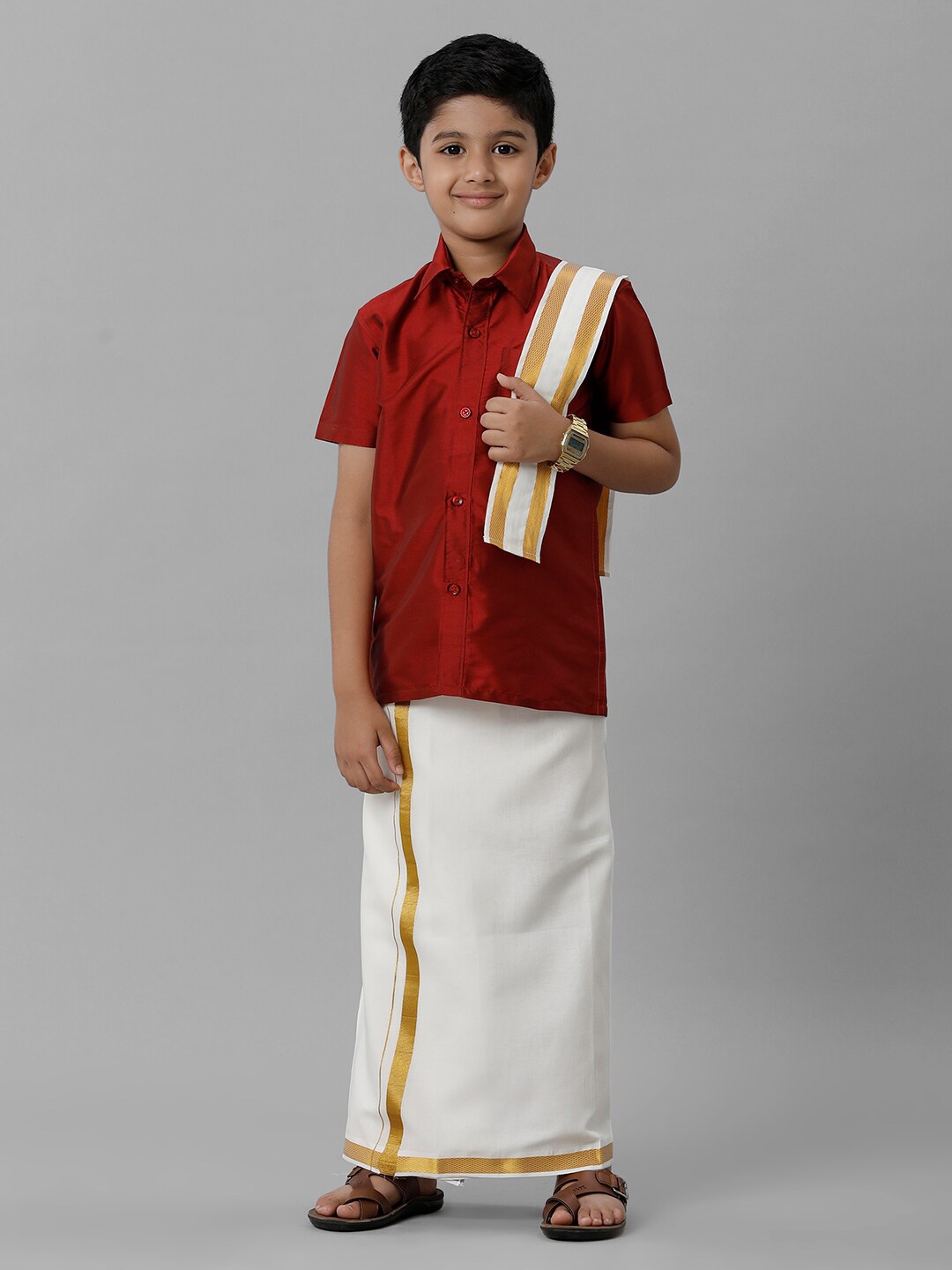Ramraj Boys Shirt With Veshti And Angavastram, Red