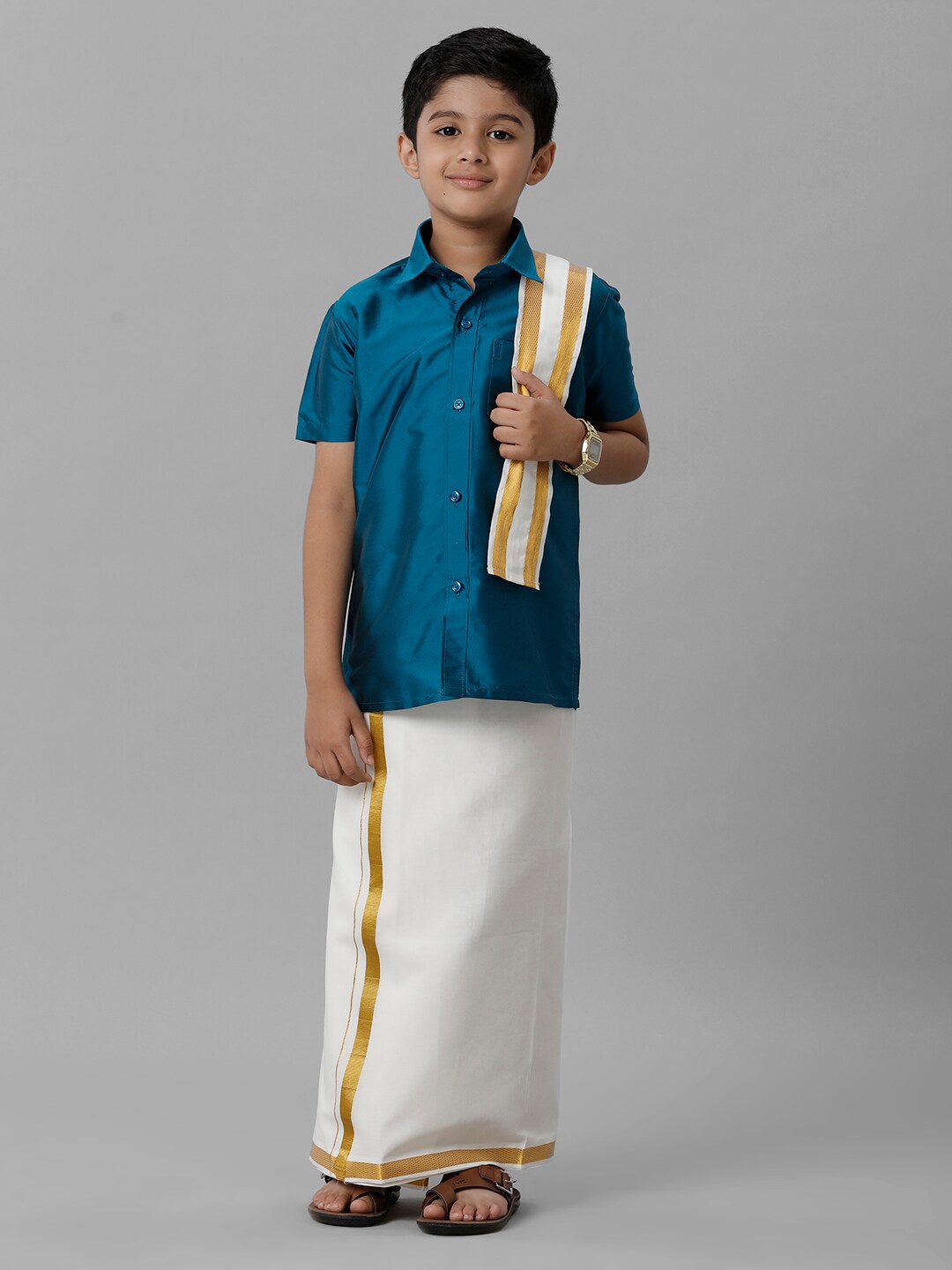 

Ramraj Boys Silk Cotton Shirt with Adjustable Dhoti Towel, Blue