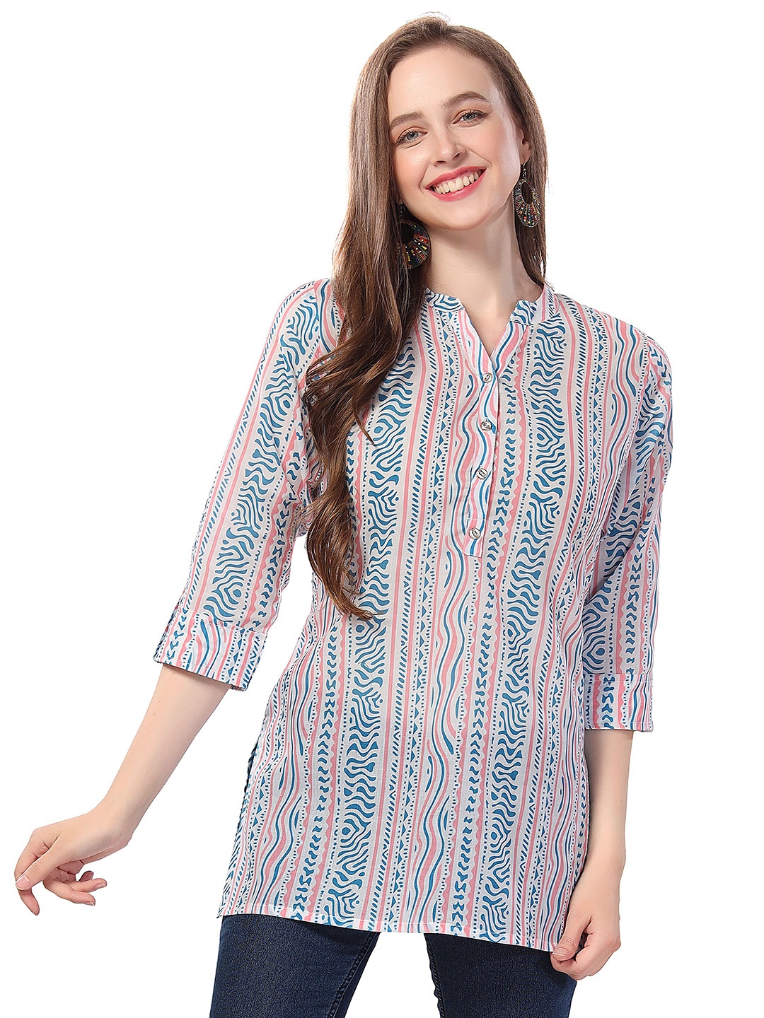 

keshubaba Geometric Print Mandarin Collar Tunic, Blue