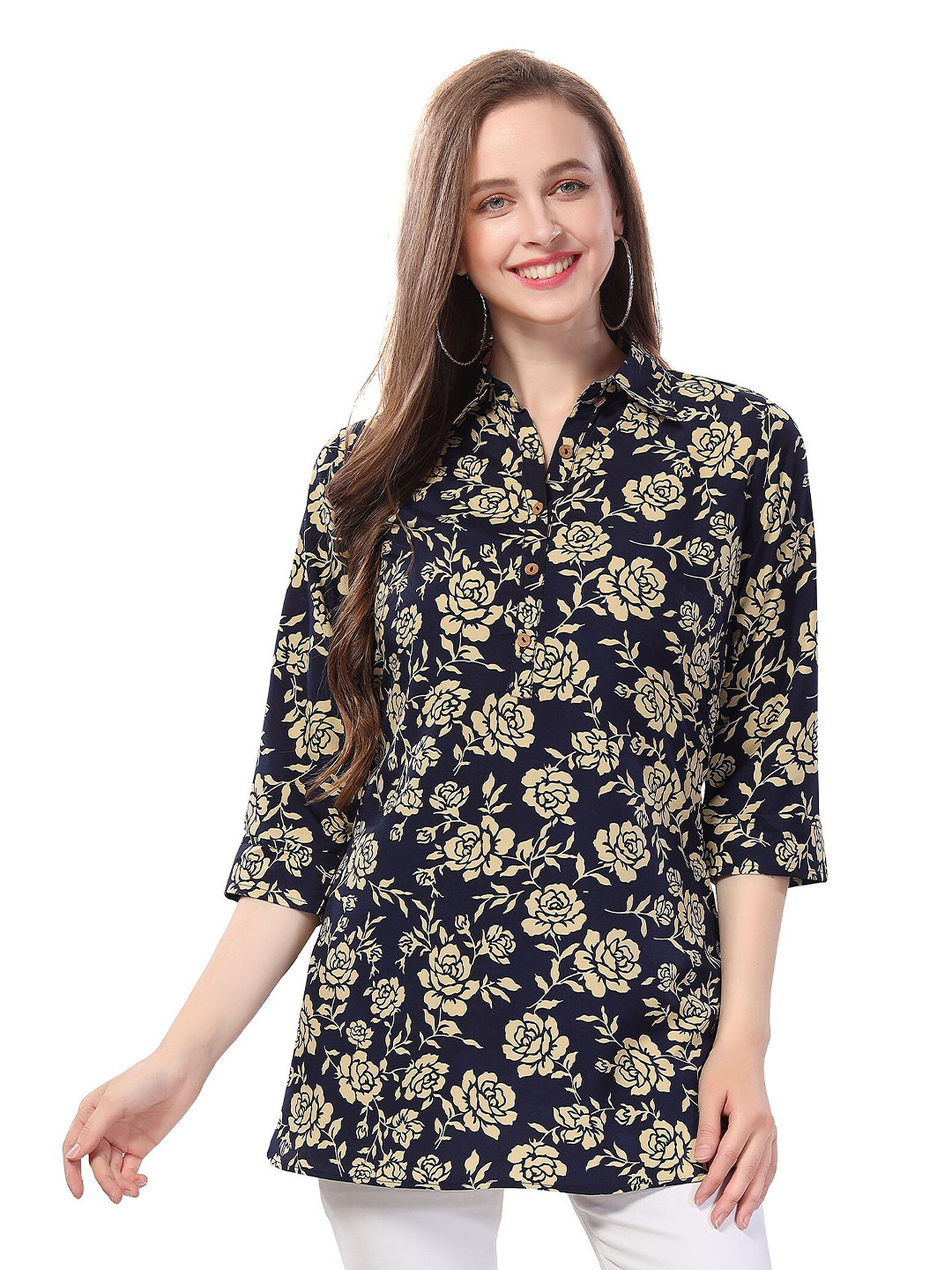 

keshubaba Floral Printed Shirt Collar Tunic, Navy blue