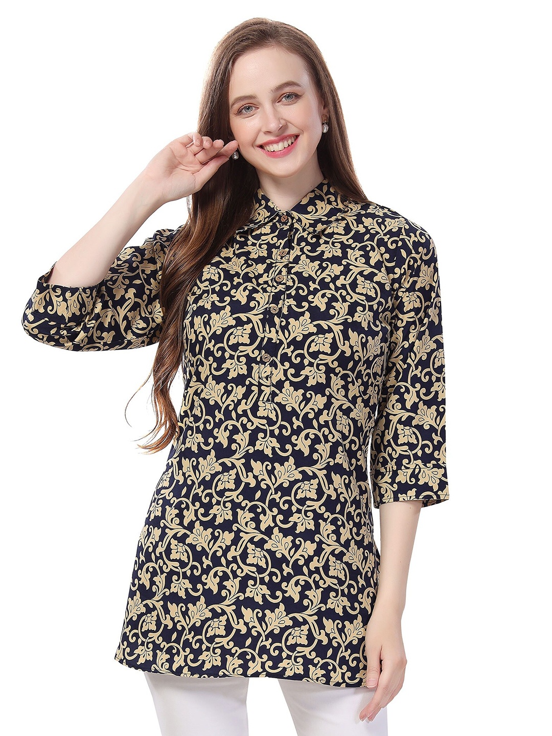 

keshubaba Ethnic Motifs Printed Shirt Collar Tunic, Navy blue