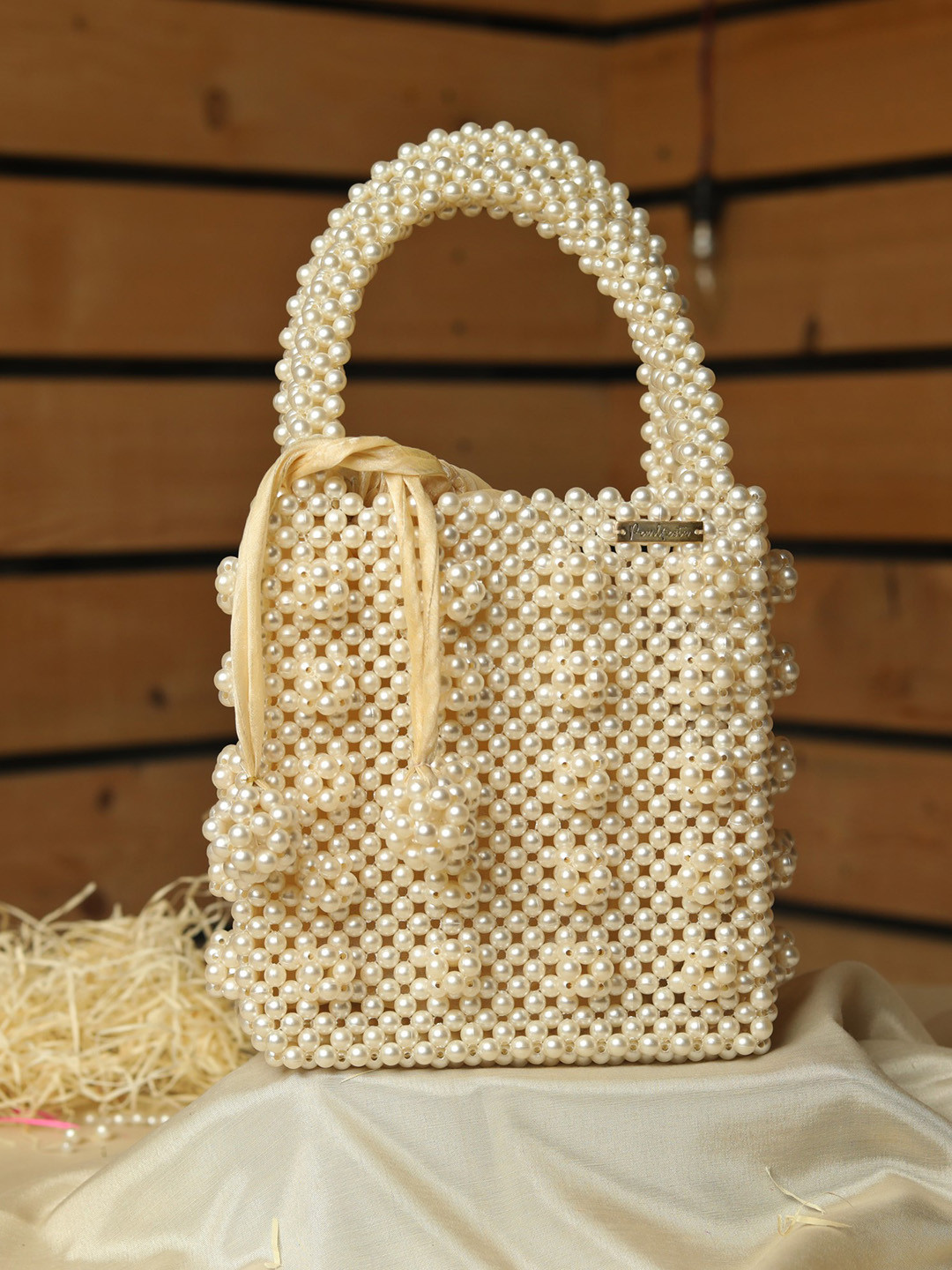 

Pearlfiesta Embellished Structured Handheld Bag, Cream