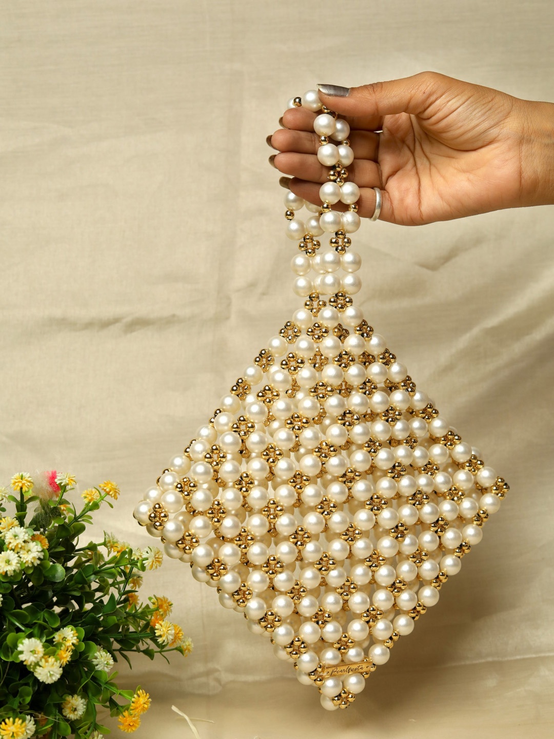 

Pearlfiesta Embellished Pearl Beaded Handheld Bag, Cream